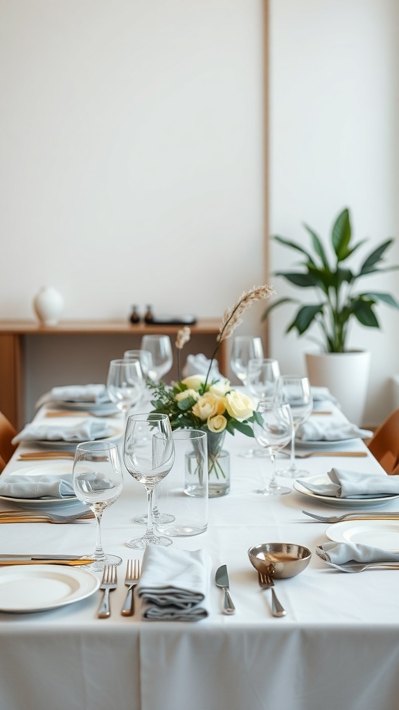 Modern dining table setting with neutral tones, velvet chairs, and a floral centerpiece.
