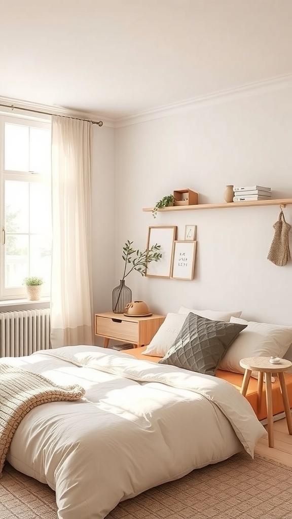 A cozy Scandinavian bedroom with soft lighting, natural elements, and warm tones.