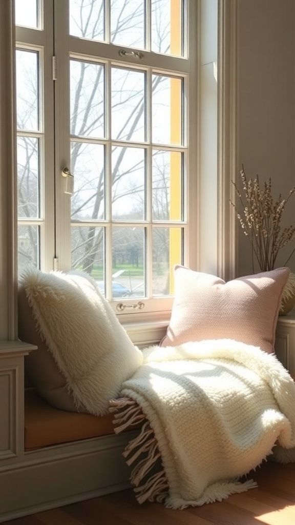 Cozy window seat with cushions and a throw blanket, perfect for reading.