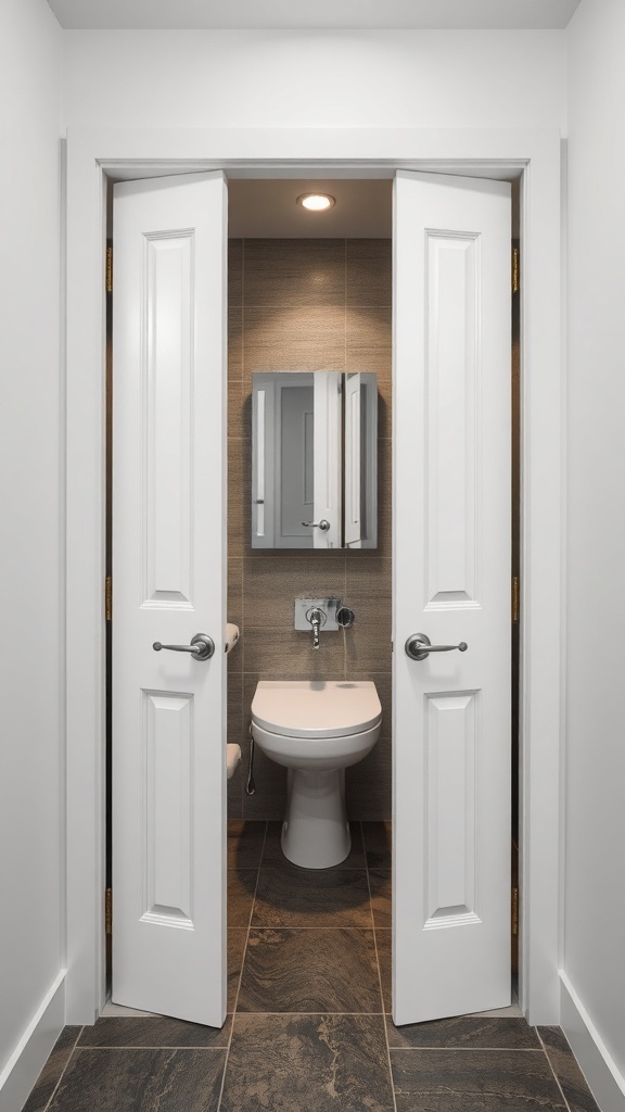 A modern bathroom featuring inward-swing pivot doors, showcasing a clean and spacious design.