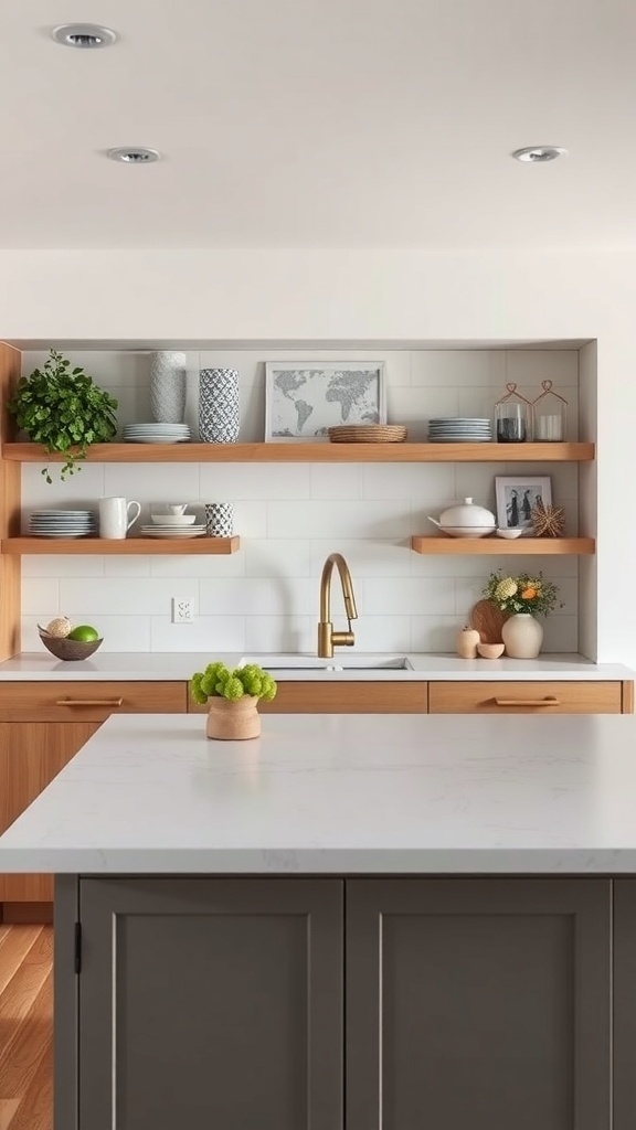 A kitchen island featuring open shelving with decorative items and plants.