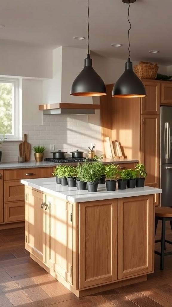 A kitchen island with built-in planters filled with fresh herbs, surrounded by warm wood cabinetry and modern lighting.