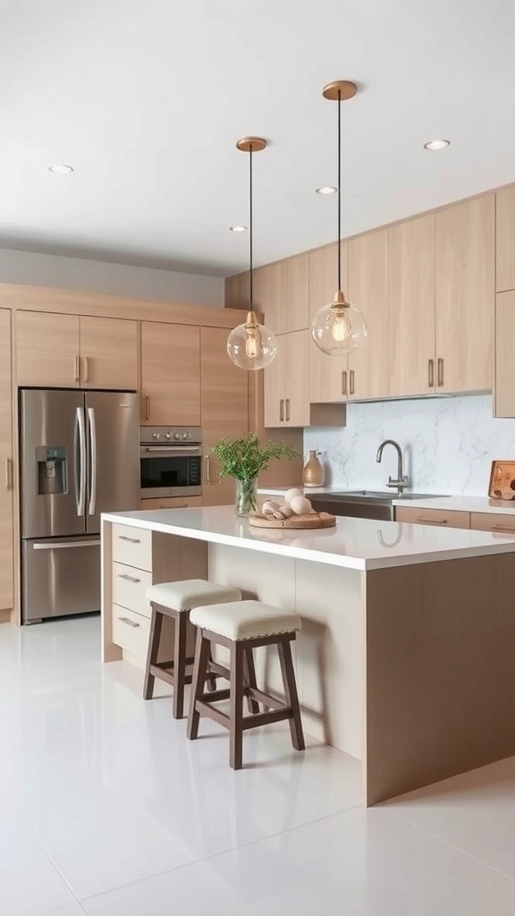 A modern kitchen island with hidden seating, featuring light wood cabinetry and two stools tucked underneath.