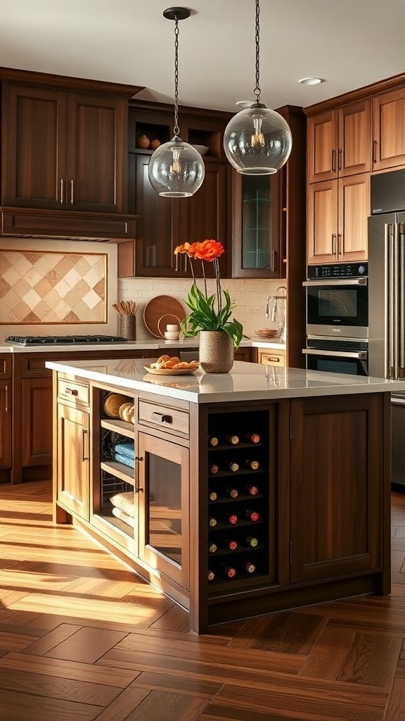 A modern kitchen island with integrated wine storage, showcasing wine bottles and a stylish design.