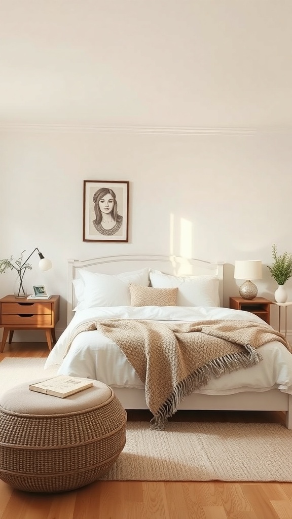 A bright and cozy bedroom featuring Ivory White walls, warm wood furniture, and soft textiles.
