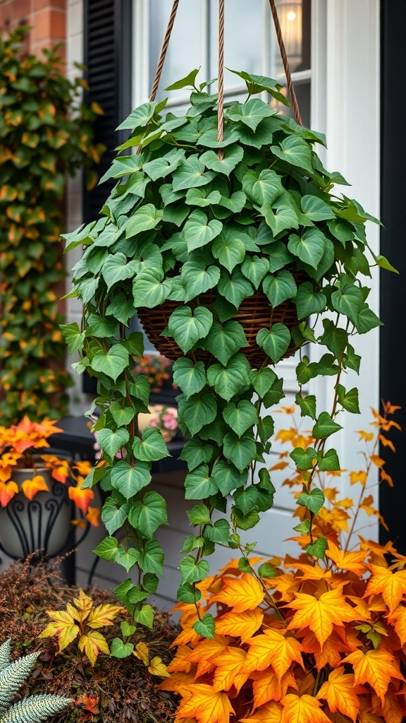 A hanging basket filled with lush green ivy, cascading down, set against a backdrop of autumn foliage.