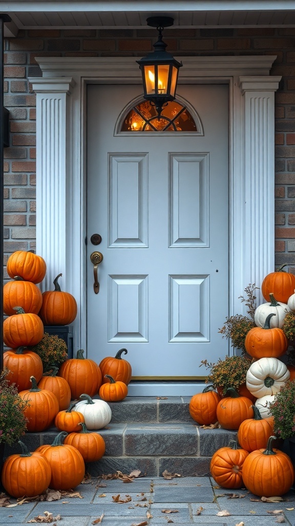 A front door decorated with a stack of pumpkins, including orange and white varieties, creating a festive Halloween atmosphere.