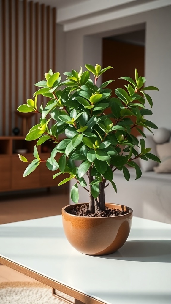 A jade plant in a modern pot, symbolizing friendship and good fortune.
