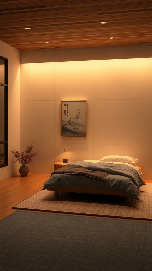 A serene Japandi-inspired bedroom featuring soft lighting, a low-profile bed, and natural textures.