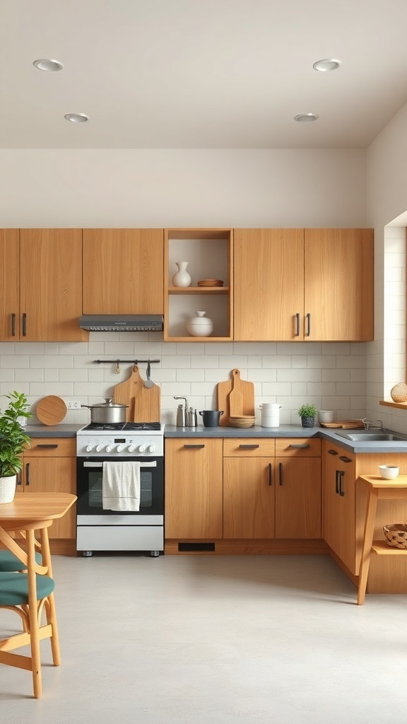 Minimalist kitchen with light-stained white oak cabinets and neutral decor.