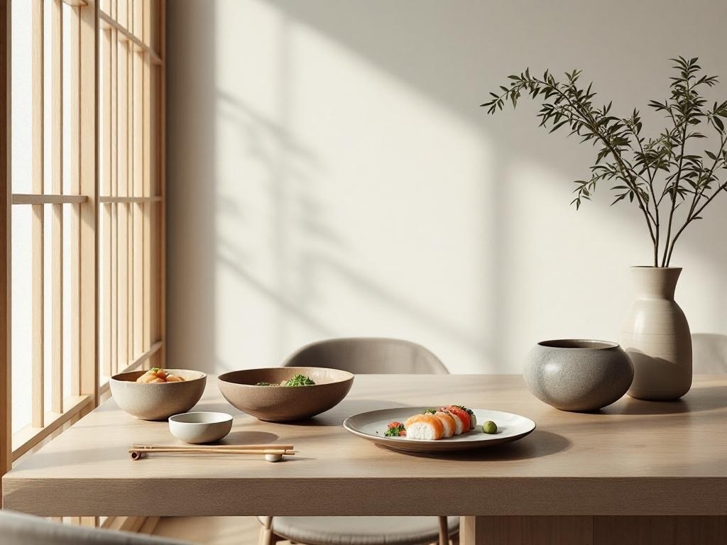 A minimalist Japanese-inspired dinner setting with sushi and vegetables on a wooden table.