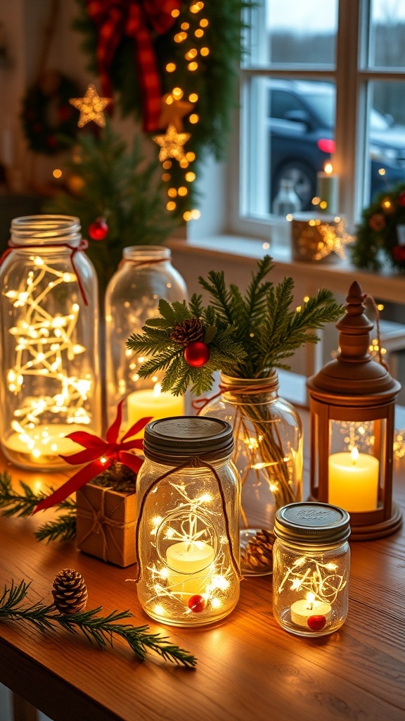 A cozy display of jars filled with fairy lights, pinecones, and greenery, alongside a lantern, creating a warm holiday atmosphere.