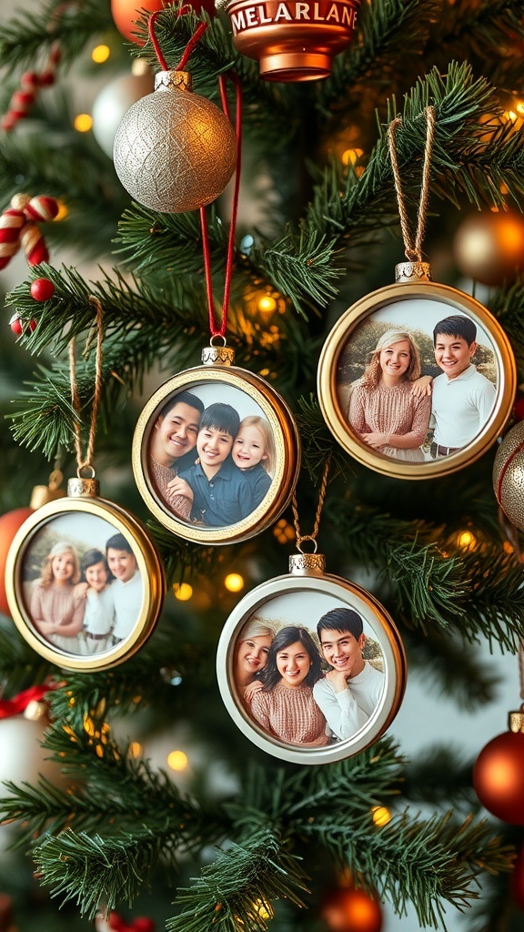 Jar lid photo ornaments hanging on a Christmas tree