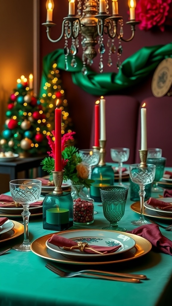 A beautifully set dining table featuring jewel tones, elegant glassware, and candlelight, creating a warm and inviting holiday atmosphere.
