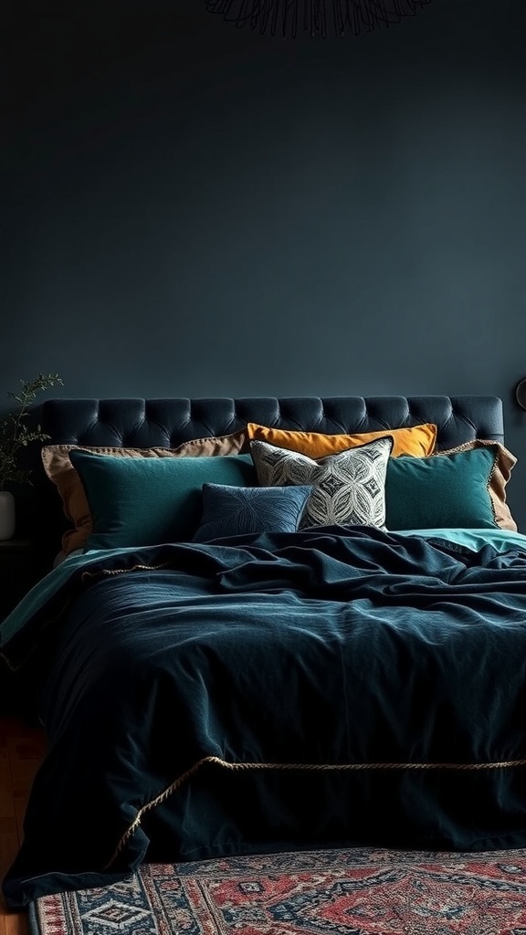 A cozy dark boho bedroom featuring jewel-toned velvet bedding in deep colors, layered with decorative pillows.