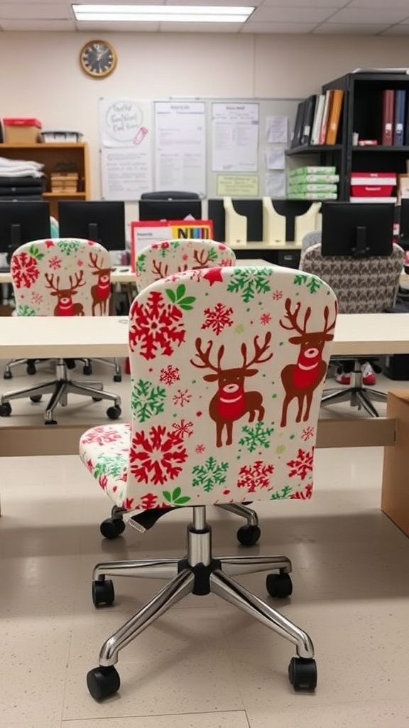 Festive chair covers with reindeer and snowflakes in an office setting.