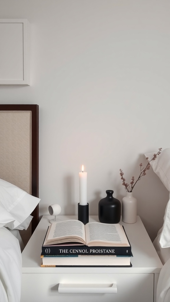 A minimalist nightstand with a stack of books, a candle, and a small vase, creating a clutter-free and serene atmosphere.