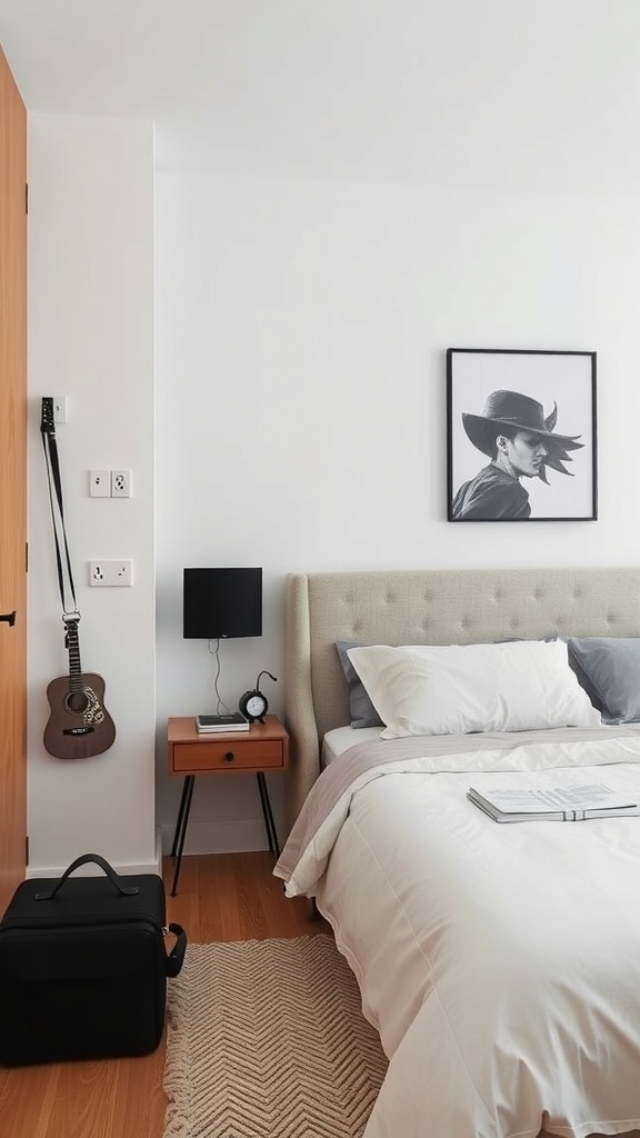 A minimalist bedroom featuring a low-profile bed, simple bedside lamp, and a guitar on the wall, emphasizing a clean and serene design.