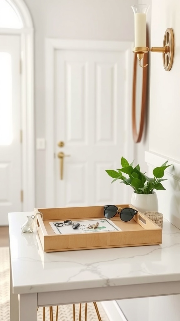 A decorative wooden tray on a table holding sunglasses, keys, and a small plant, creating an organized entryway.