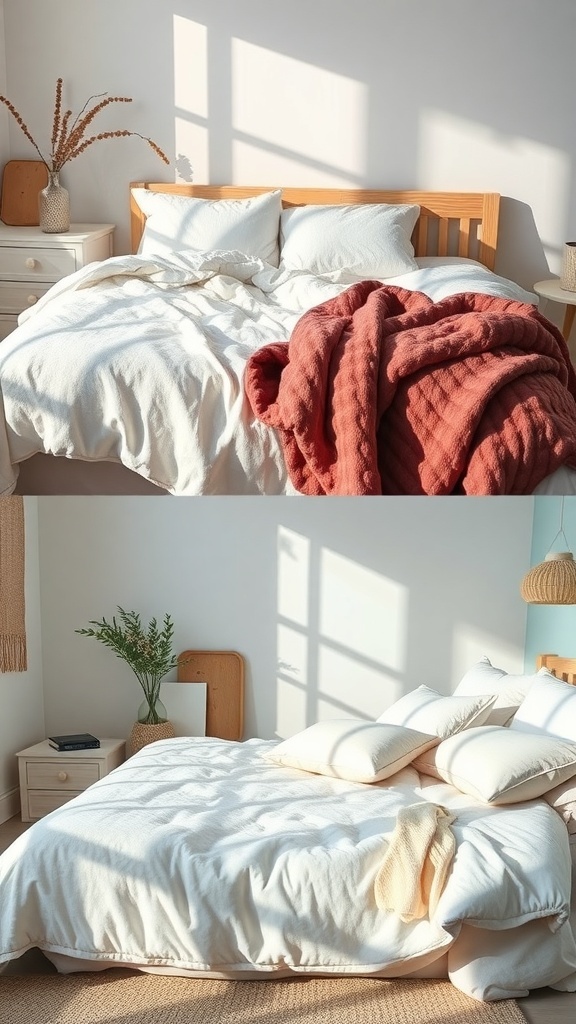 A cozy summer bedding setup featuring light colors and textures.