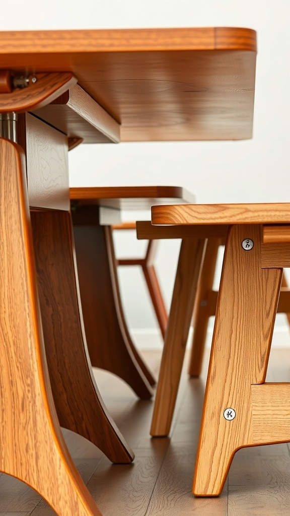Close-up view of a stylish extendable dining table showcasing its wooden structure and extension mechanism.