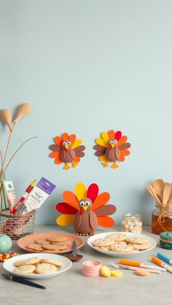 A colorful kid-friendly craft station with paper turkeys, cookies, and crafting supplies.