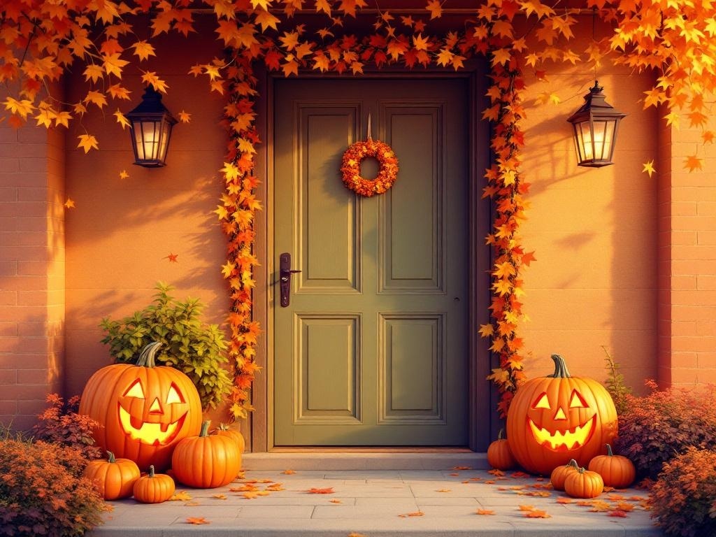 A charming Halloween front door decorated with friendly pumpkins, colorful garlands, and a whimsical wreath.