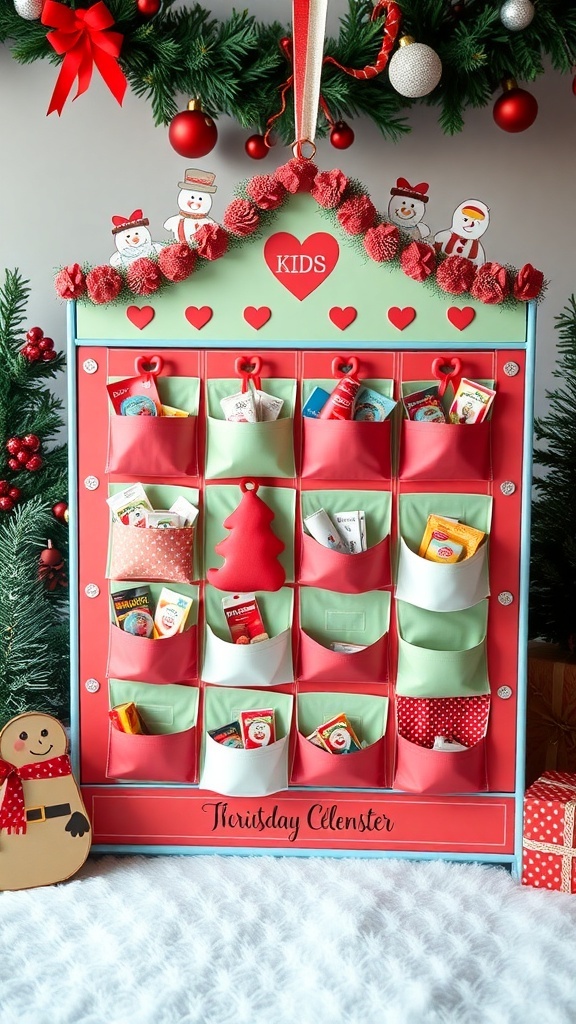 A colorful kids' advent calendar with pockets for treats, decorated with festive elements.