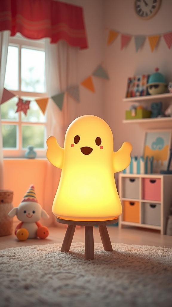 A cute ghost-shaped LED lamp glowing softly in a colorful kids' room.