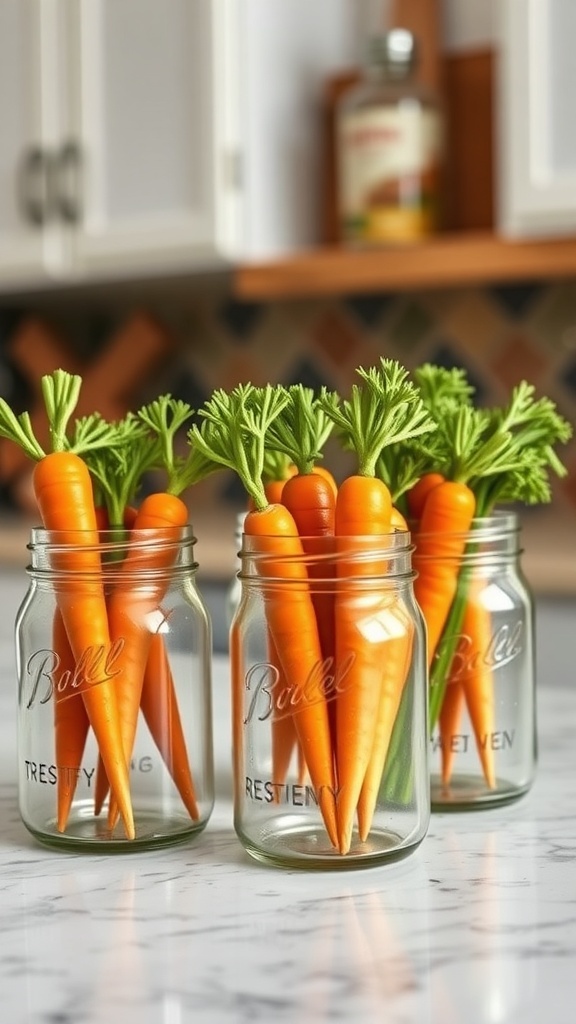 Three mason jars filled with wooden carrots on a kitchen counter.