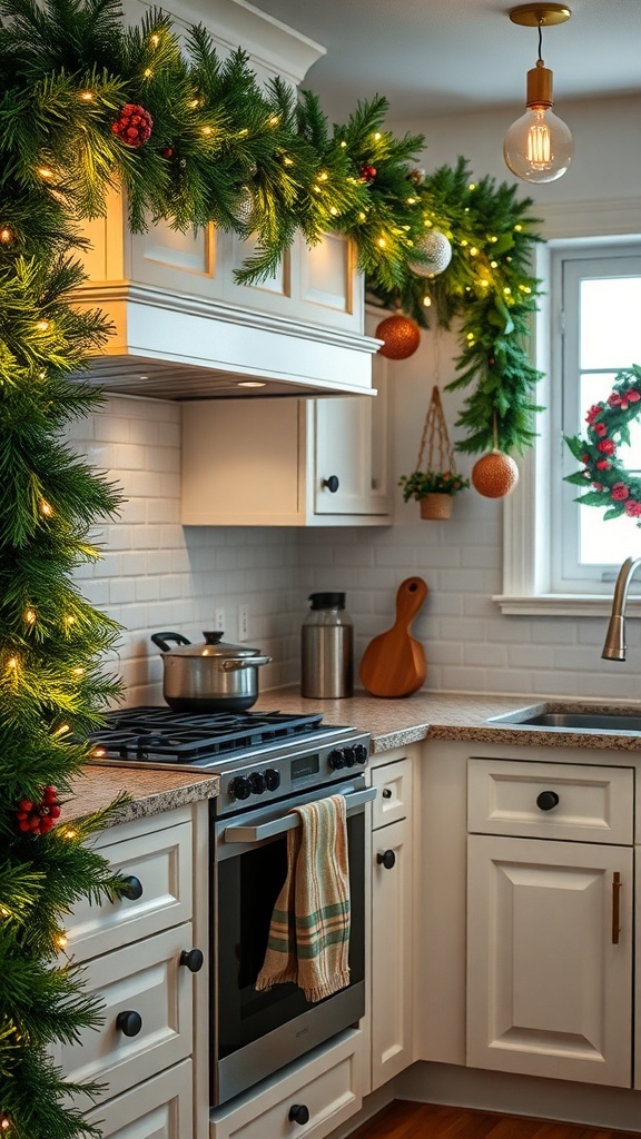 A kitchen decorated with a green garland and mini lights over the cabinets, creating a festive atmosphere.