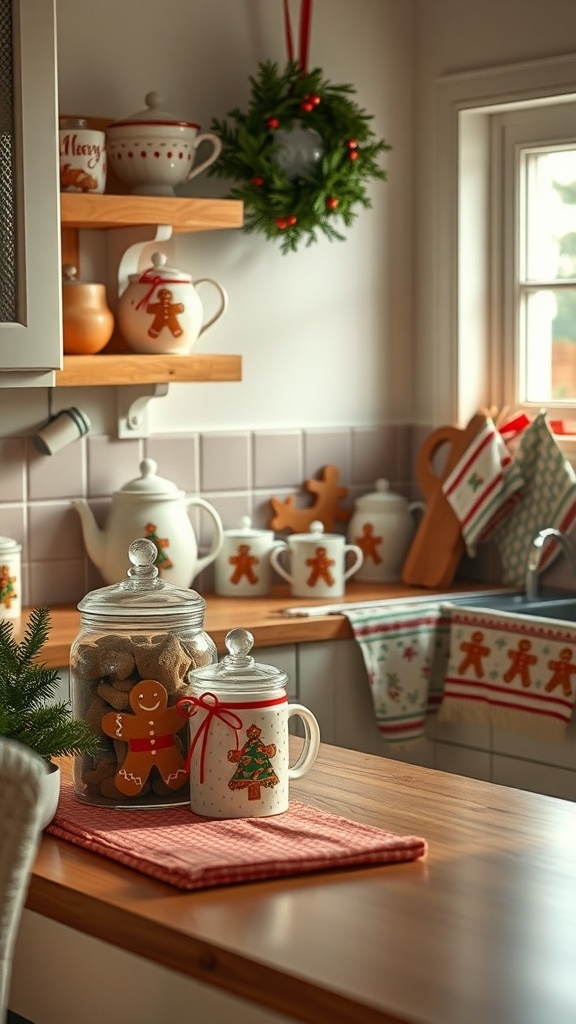 A cozy kitchen decorated with gingerbread-themed items, including a jar of cookies and festive mugs.