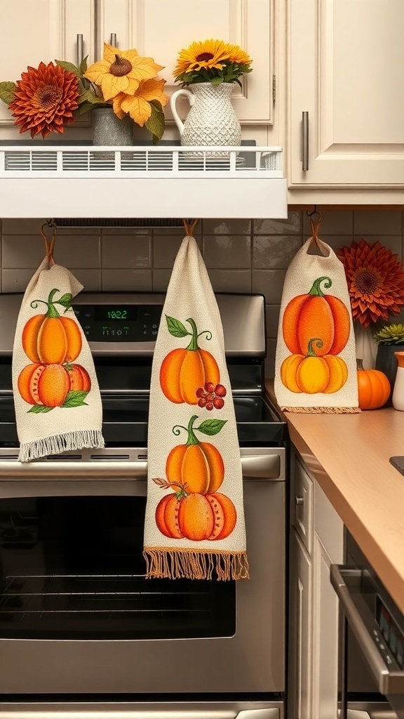 Pumpkin-themed cotton towels hanging in a kitchen, adding a festive touch to the decor.