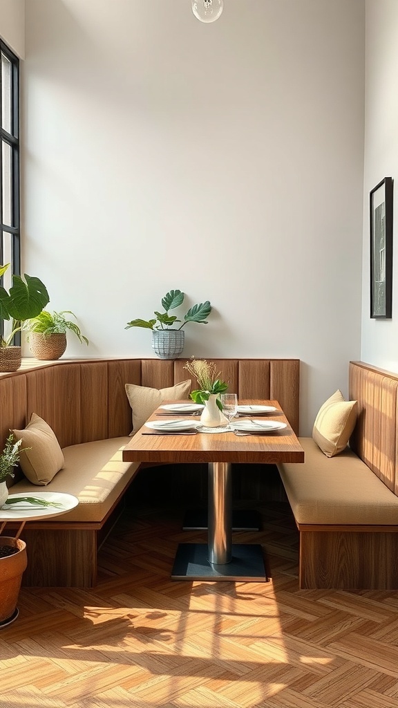 A cozy L-shaped bench in a dining corner with a wooden table and decorative plants.
