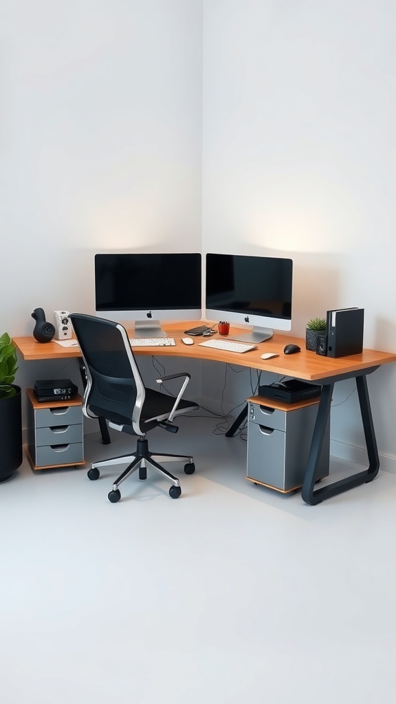 L-shaped desk setup with two monitors, ergonomic chair, and storage drawers