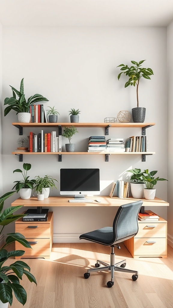 A modern L-shaped desk with floating shelves, featuring plants and books for a stylish workspace.