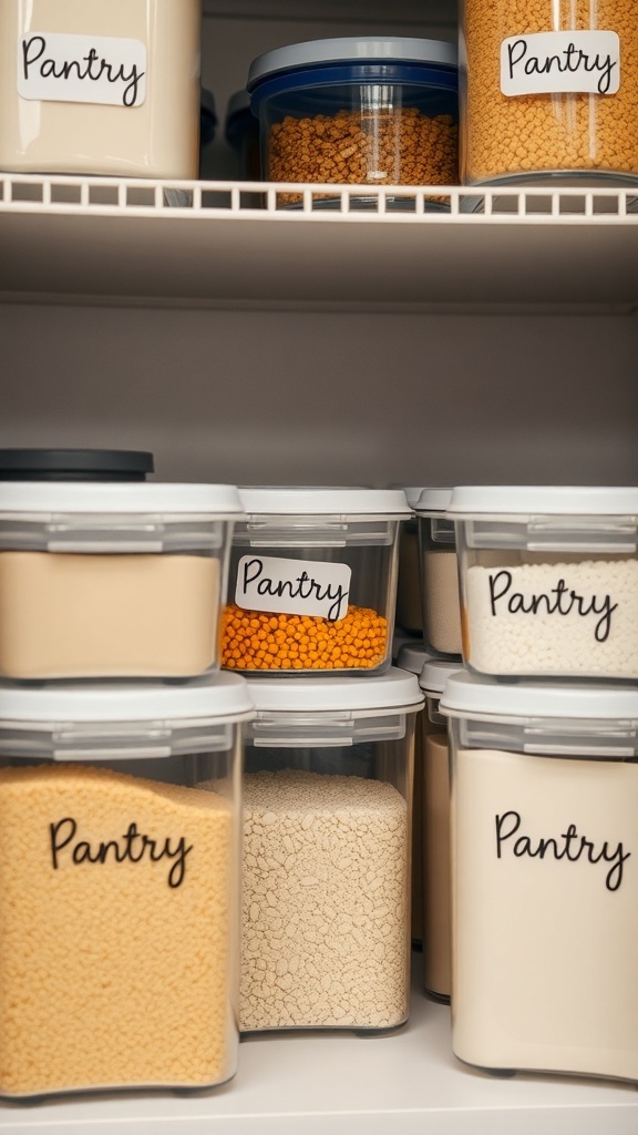 Organized pantry with clear containers labeled in minimalist script.
