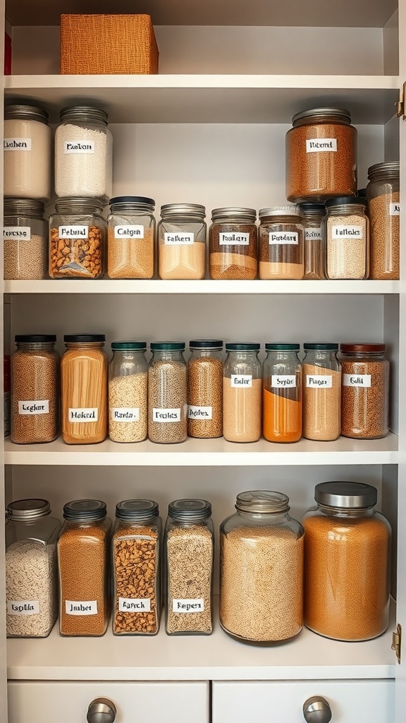Organized pantry with labeled glass jars containing various ingredients