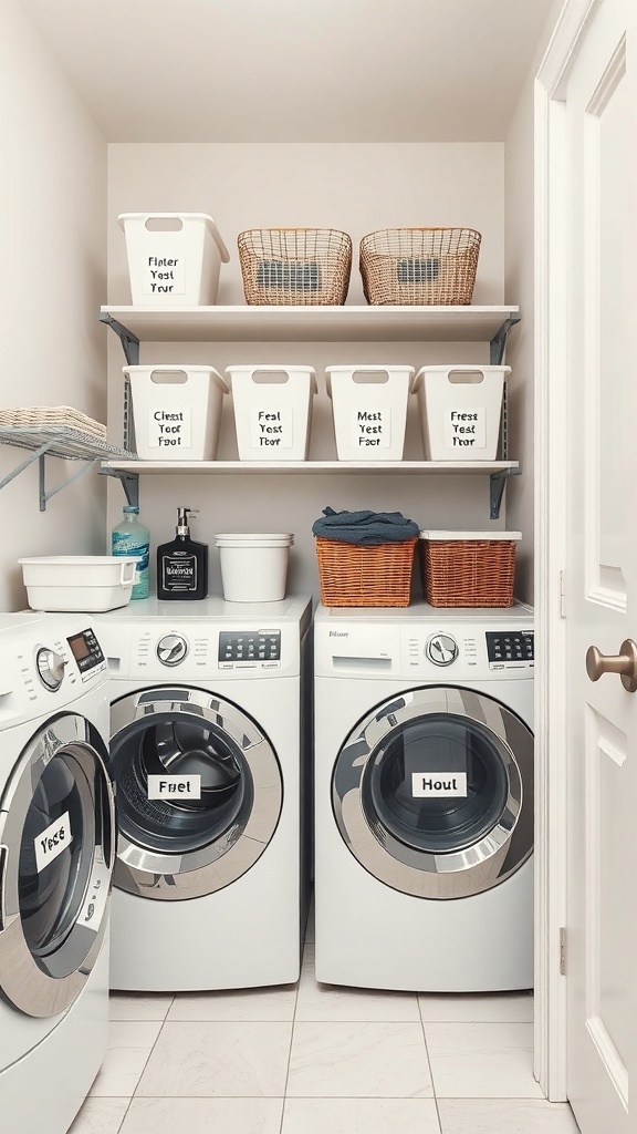A well-organized laundry room with labeled bins and appliances, showcasing an efficient storage system.