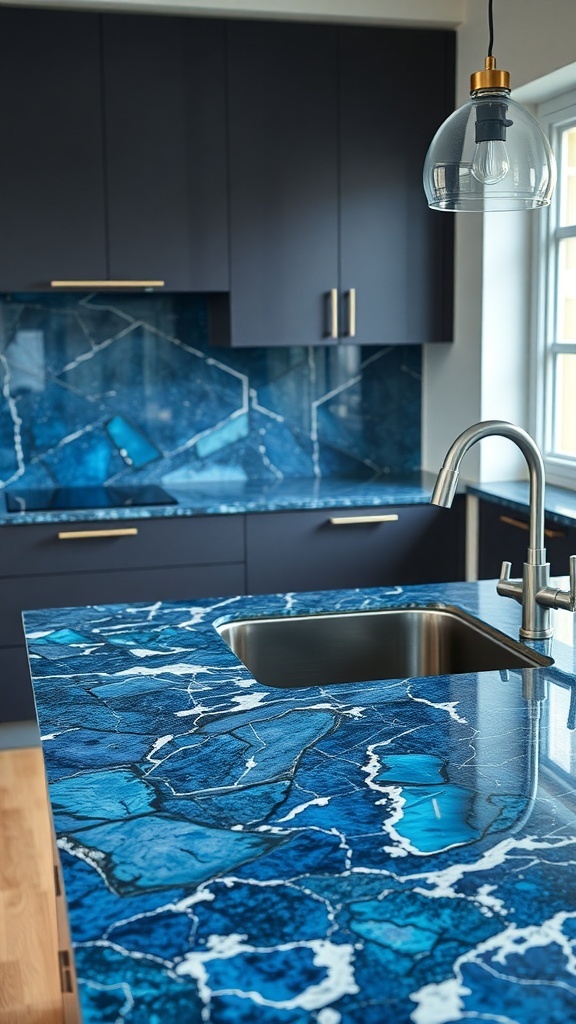 A kitchen featuring Labradorite Blue granite countertops with dark cabinetry and modern fixtures.