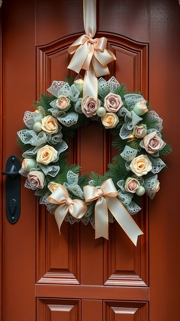 A beautiful lace and ribbon wreath with pastel roses and bows hanging on a wooden door.
