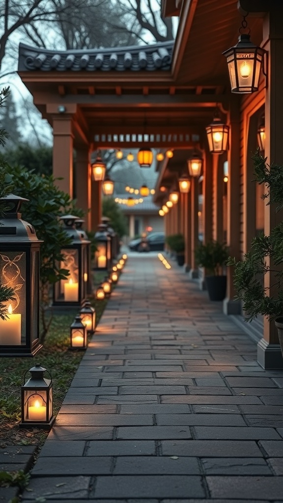 A beautifully lit walkway lined with lanterns, creating a warm and inviting atmosphere.