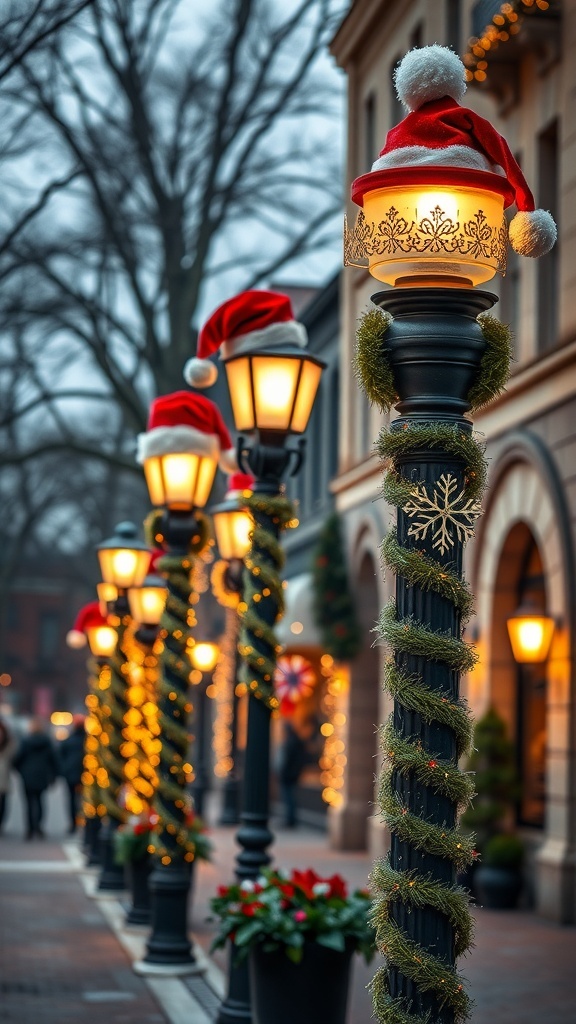 Lamp posts decorated with Santa hat covers and greenery for Christmas.