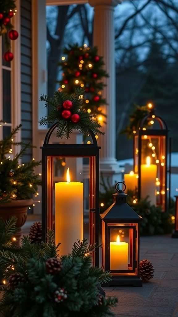 Decorative lanterns with candles and pine on a porch, creating a cozy Christmas atmosphere.