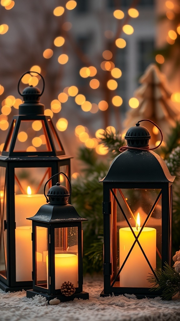 A cozy scene featuring black metal lanterns with candles, surrounded by pine branches and soft lighting.