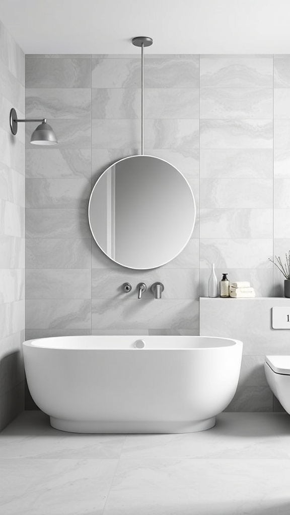 A modern bathroom with large-format gray tiles, a round mirror, and a white bathtub.