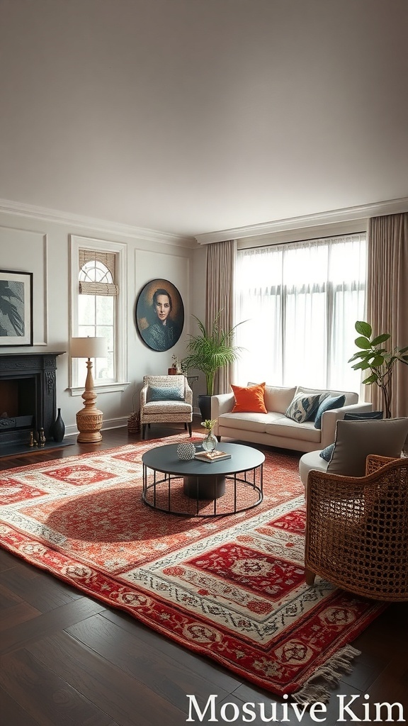 Living room featuring a large-scale patterned rug with red and cream colors, modern furniture, and natural light.