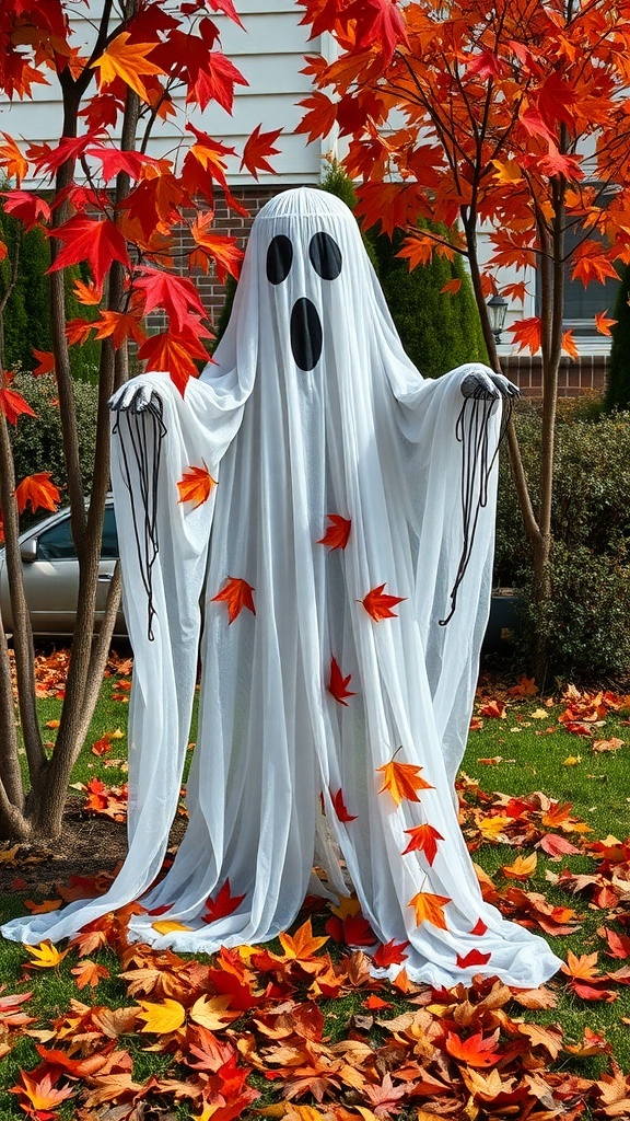 Large-scale DIY Halloween ghost made from a tomato cage and white sheet, surrounded by colorful autumn leaves.