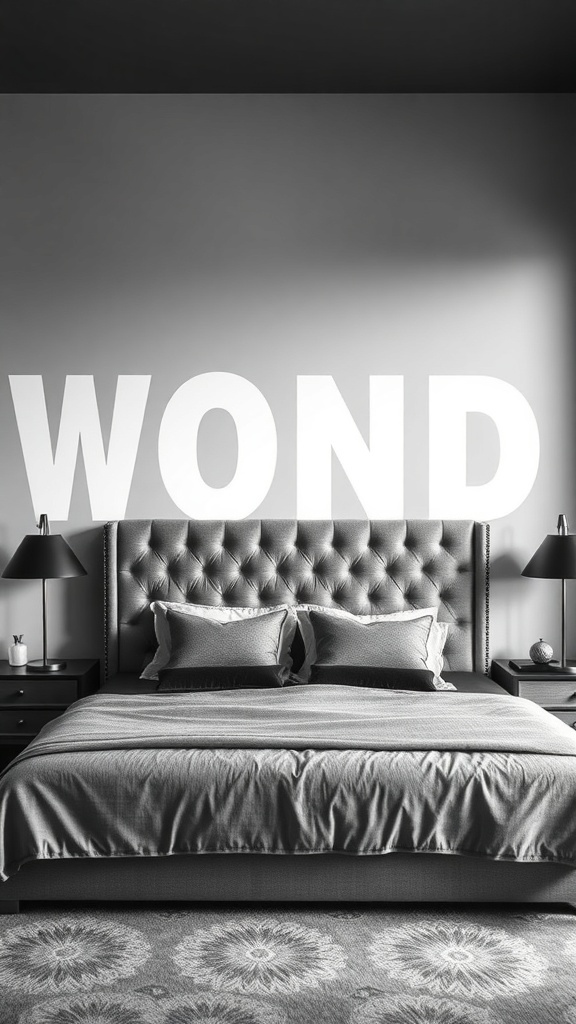A stylish bedroom featuring a large tufted headboard and bold wall lettering.