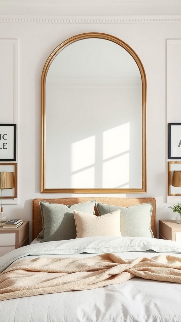 A large arched mirror with a gold frame above a bed with soft bedding and decorative pillows.